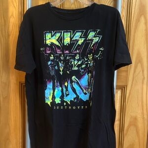 Kiss Black Tee with Neon Rainbow Band Graphic
